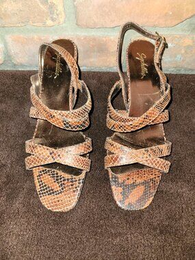 Seychelles Heeled Sandals, Women's 8.5. Faux Snake Skin, Brown and Black.
